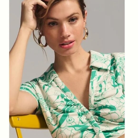 Anthropologie Maeve Green Floral Rouched Blouse Button Size XS - Picture 3 of 9